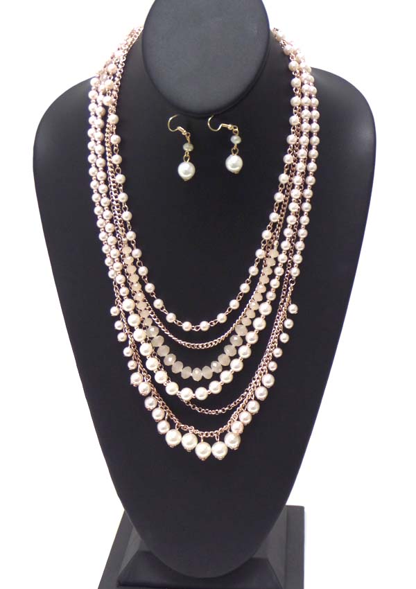 Multi layered pearl and glass bead chain necklace earring set