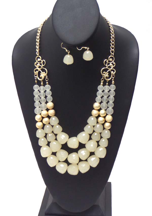 Three layered faux stone mix and metal filigree side accent necklace earring set