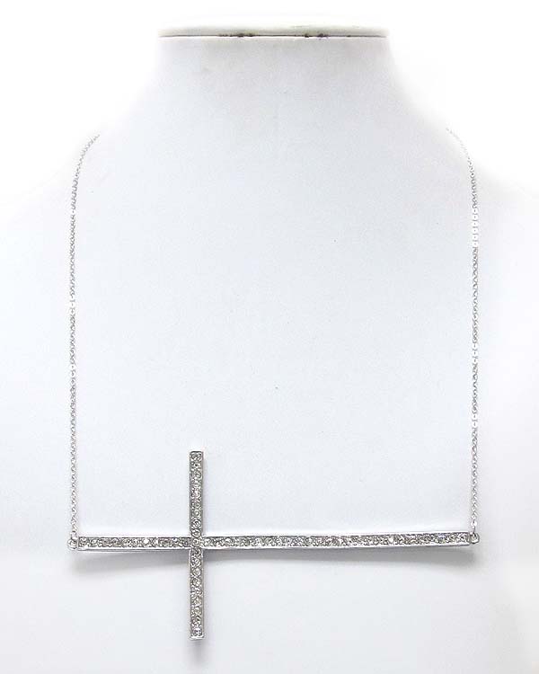 Premier electro plating crystal large side cross necklace