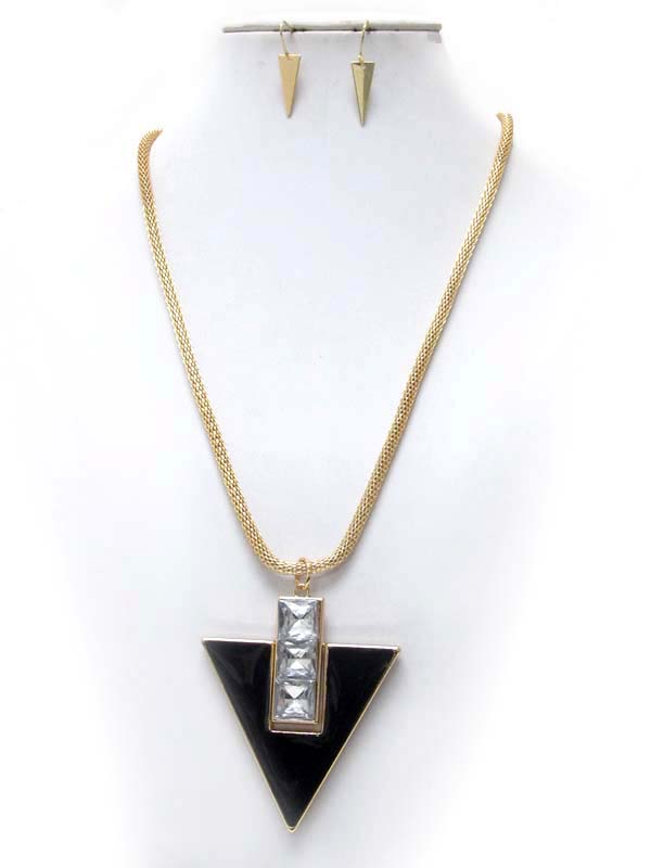 Epoxy and facet stone folkloric triangular pendant necklace earring set