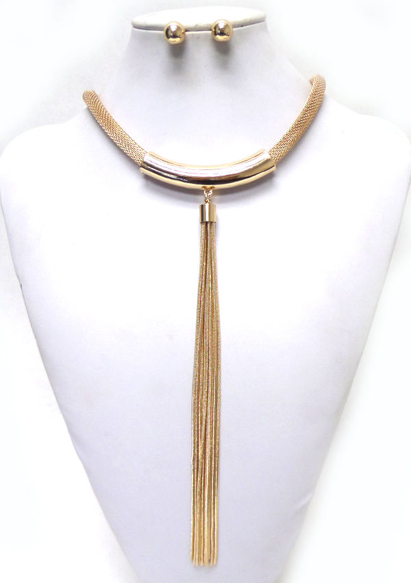 Metal mesh and long fine chain drop necklace set