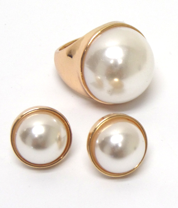 Single pearl metal ring earring set