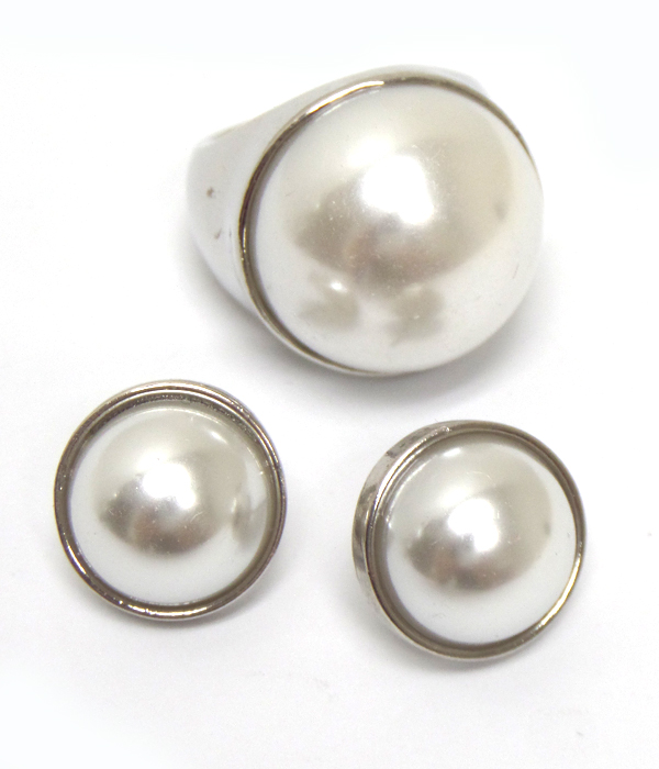 Single pearl metal ring earring set