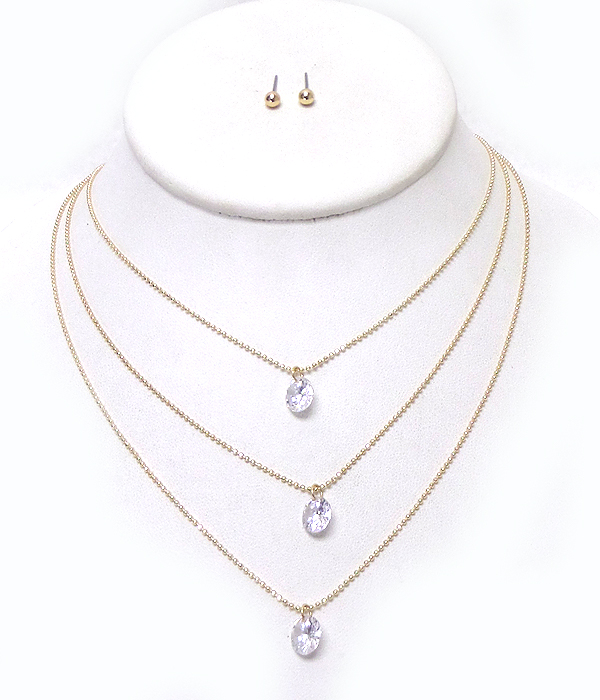 Three layer cubic zirconia stone drop necklace set