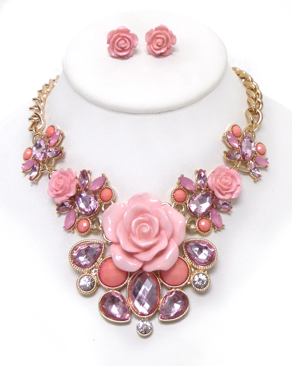 Facet stone and rose mix statement necklace set