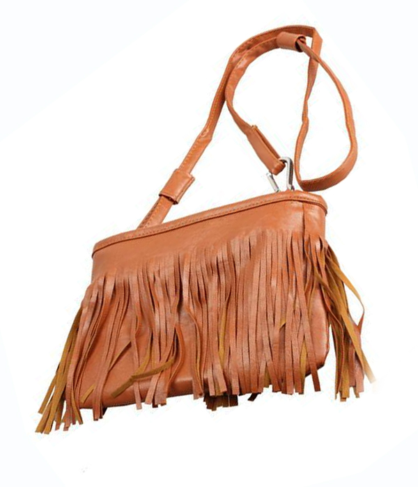 Leather type with loose tassel strands drop messenger bag