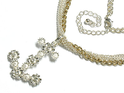 Nautical crystal anchor charm and two tone multi chain necklace