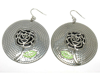 Epoxy covered rose pattern round disk earring