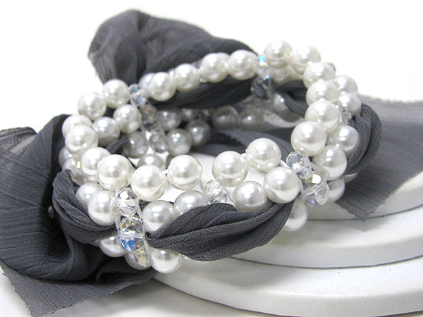 MULTI LINE PEARL AND FABRIC LINK STRETCH BRACELET