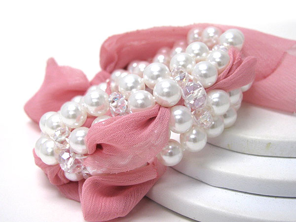 MULTI LINE PEARL AND FABRIC LINK STRETCH BRACELET