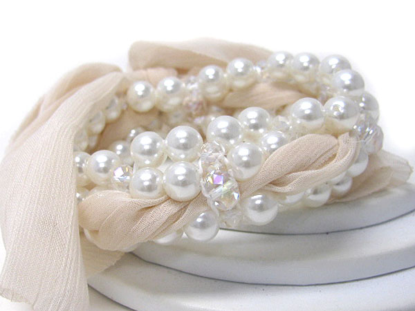 MULTI LINE PEARL AND FABRIC LINK STRETCH BRACELET
