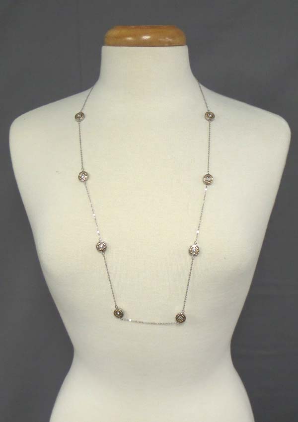 Crystal center metal filigree disk link long station necklace