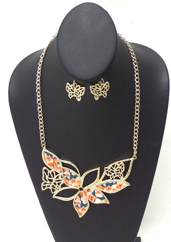 Flower pattern metal flower and butterfly pendant necklace earring set