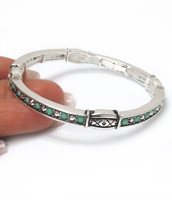 Textured metal and turquoise accent stackable stretch bracelet