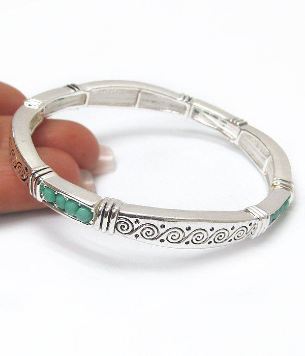 Textured metal and turquoise accent stackable stretch bracelet