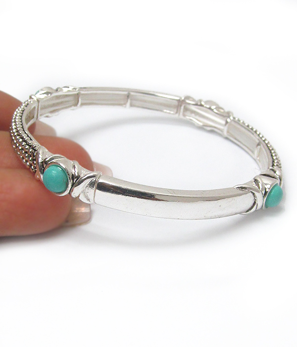 Textured metal and turquoise accent stackable stretch bracelet