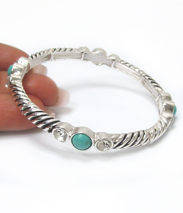 Textured metal and turquoise accent stackable stretch bracelet