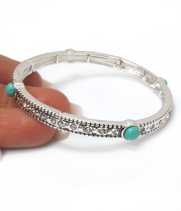 Textured metal and turquoise accent stackable stretch bracelet