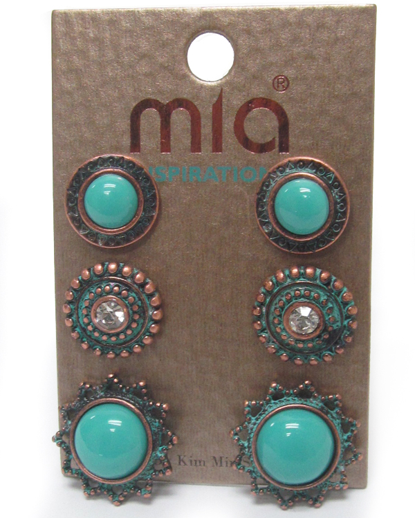 Metal filigree and stone 3 pair earring set