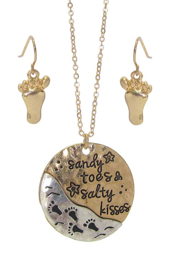 SEALIFE THEME MESSAGE PENDANT NECKLACE SET - SANDY TOES & SALTY KISSES