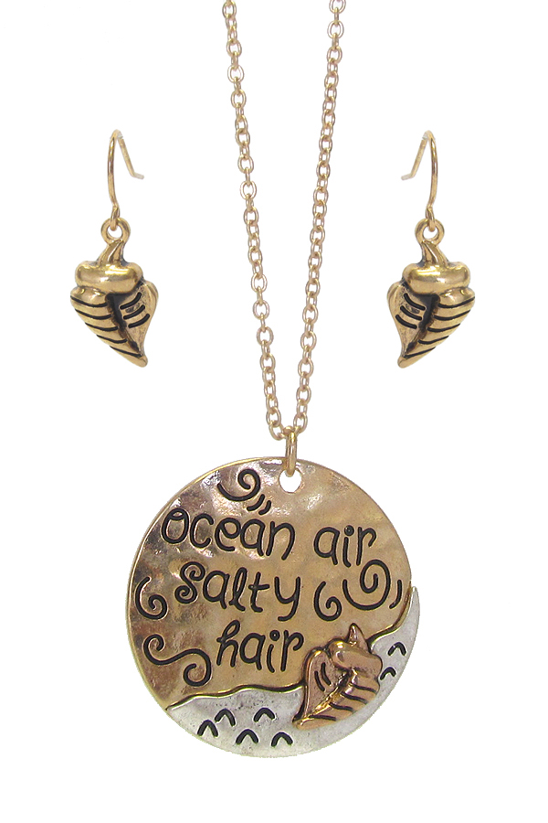 Sealife theme message pendant necklace set - ocean air salty hair
