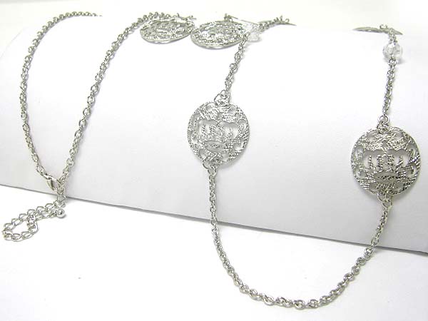 Metal filigree disk and chain link necklace earring set