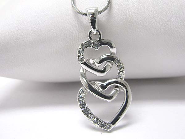 Made in korea whitegold plating tri crystal heart interlink necklace