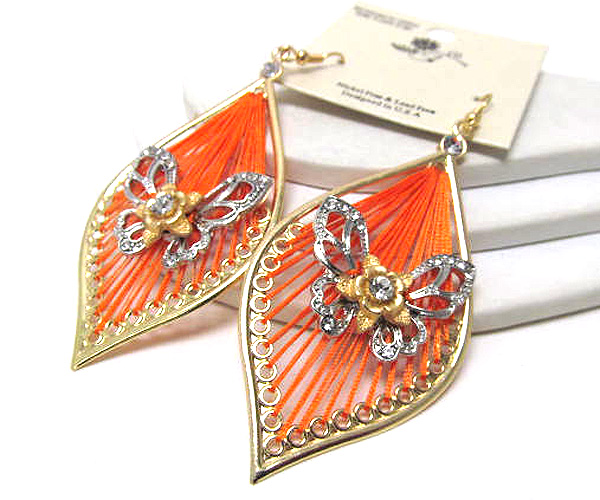 Crystal metal butterfly  on thread metal arrowhead drop earring