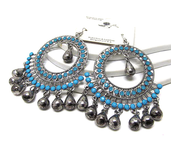 Round metal with acryl stone metal tear drop dangle drop earring 