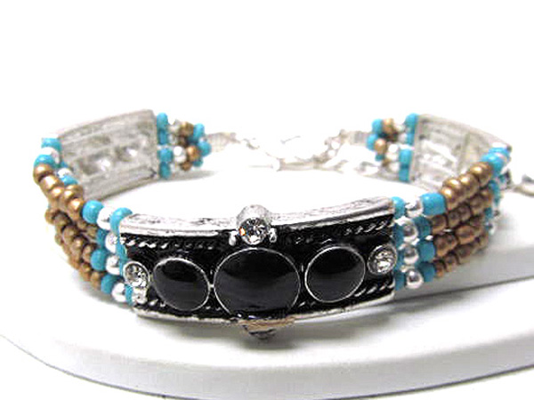 Crystal and acryl round stone multi seed beads native tribal design multi chain bracelet                                       