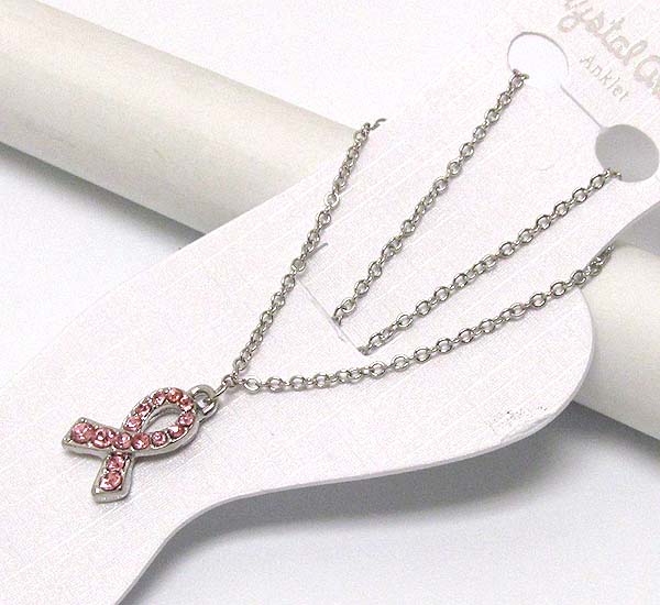 Crystal pink ribbon drop anklet - breast cancer awareness