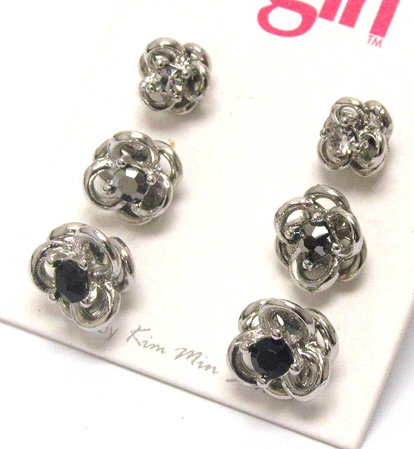 Crystal center deco metal rose stud earring set of 3
