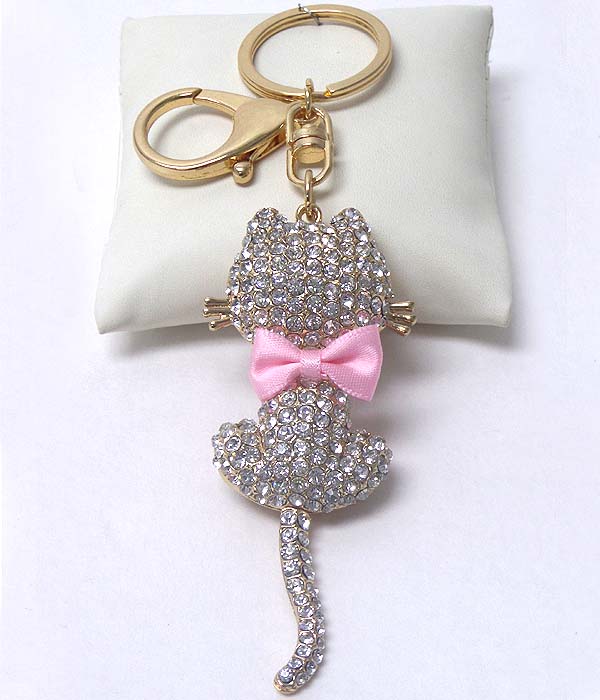 Crystal cat and bow key chain