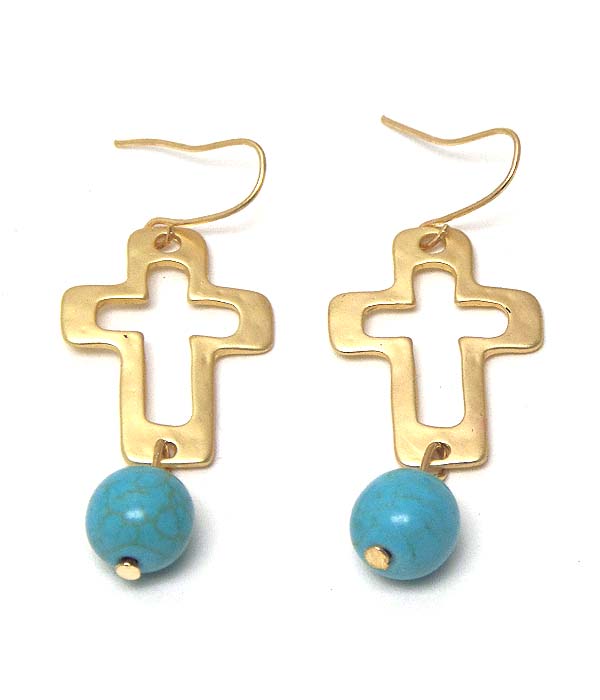Hammered cross and turquoise ball drop earring