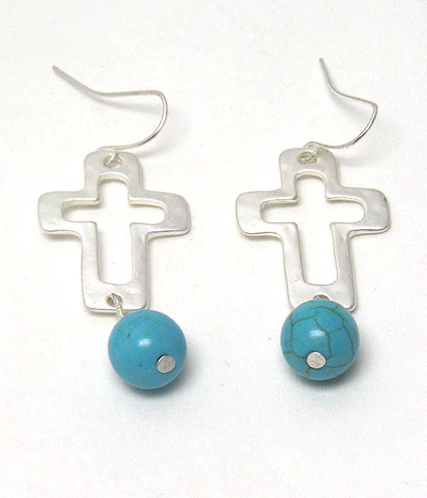 Hammered cross and turquoise ball drop earring