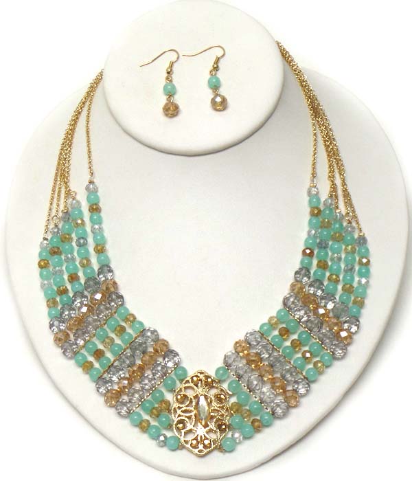 Metal filigree and crystal accent and bead on multi layered chain necklace earring set