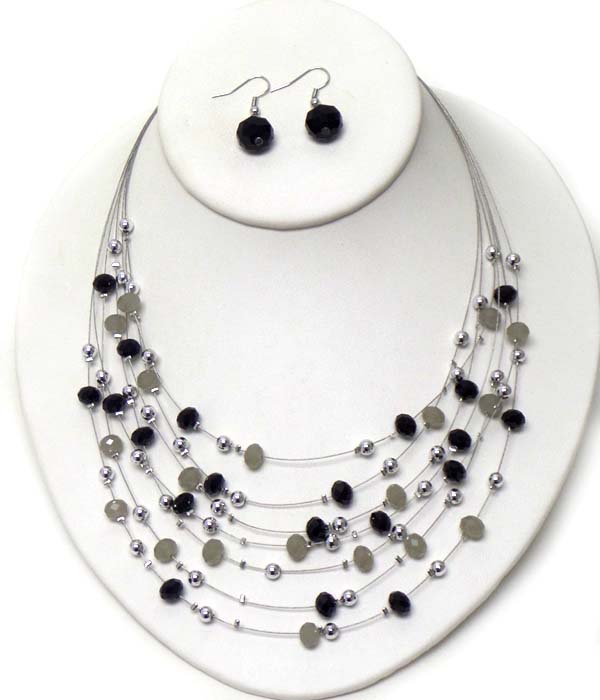 Facet stone and metal ball mix on multi wire illution necklace earring set