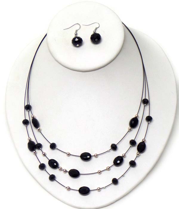 Multi facet stone on triple layered wire illusion necklace earring set