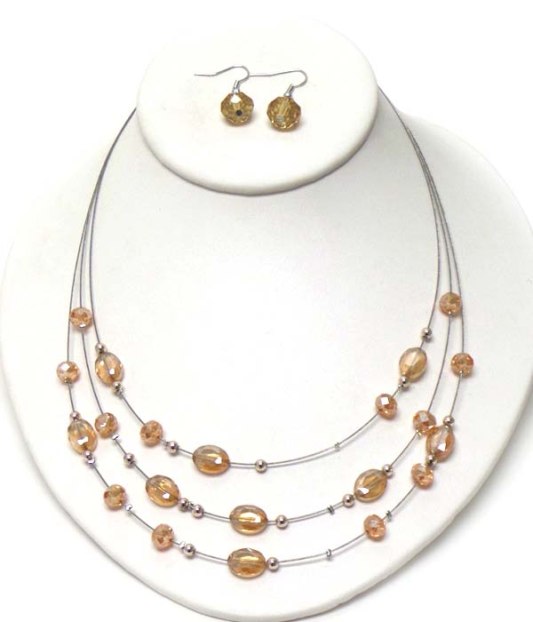 Multi facet stone on triple layered wire illusion necklace earring set