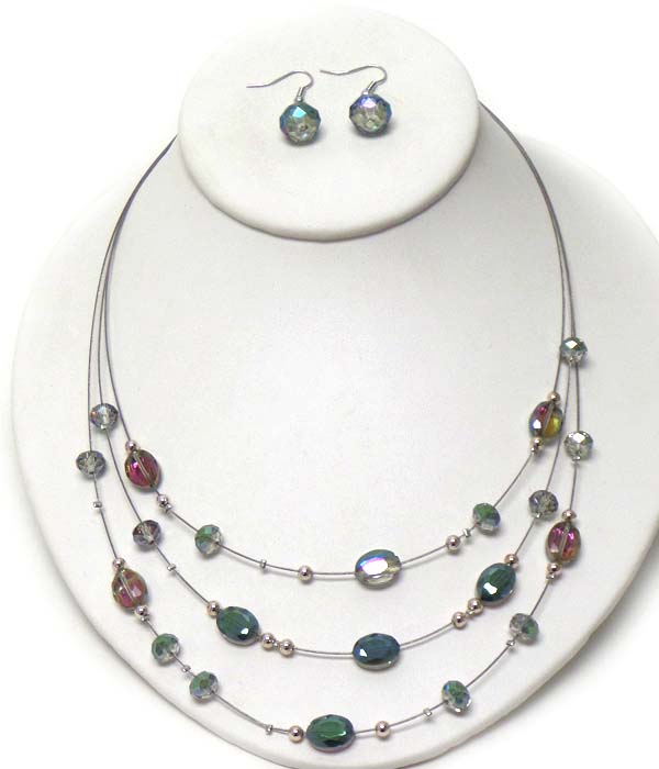 Multi facet stone on triple layered wire illusion necklace earring set