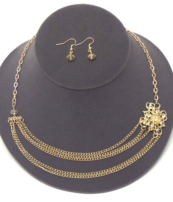 Crystal and metal filigree flower and multi chain drop necklace earring set