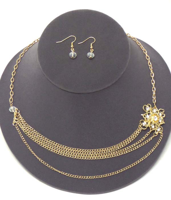Crystal and metal filigree flower and multi chain drop necklace earring set