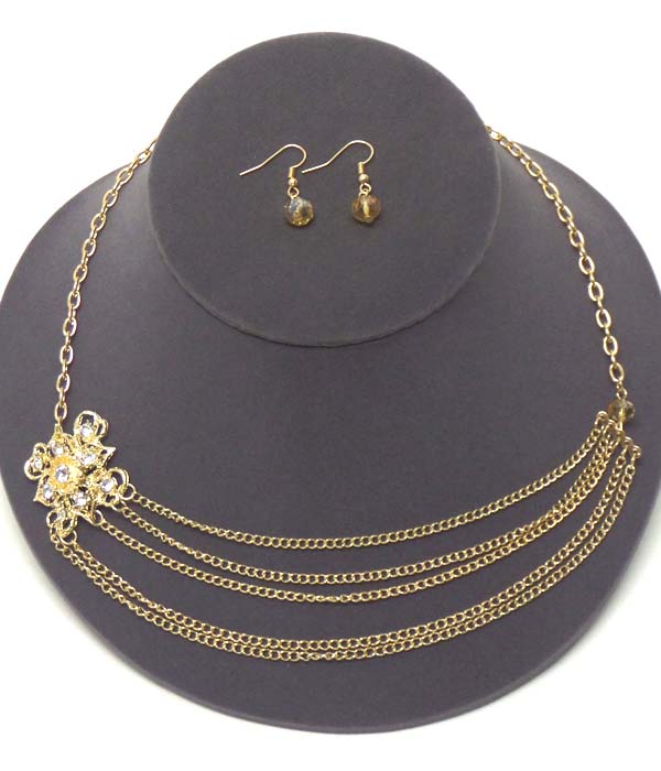Crystal and metal filigree flower and multi chain drop necklace earring set