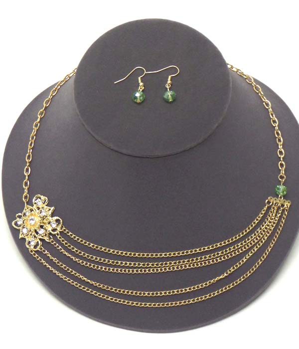 Crystal and metal filigree flower and multi chain drop necklace earring set