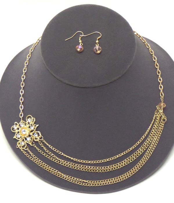 Crystal and metal filigree flower and multi chain drop necklace earring set