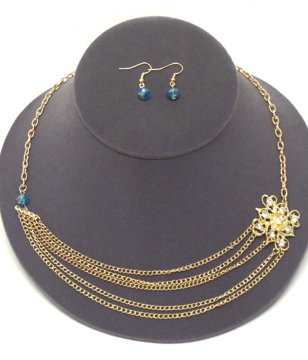 Crystal and metal filigree flower and multi chain drop necklace earring set