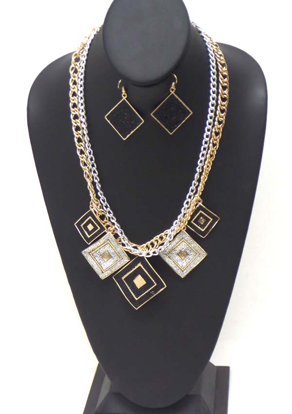 Sequin multi wave metal square and double layer chain necklace earring set