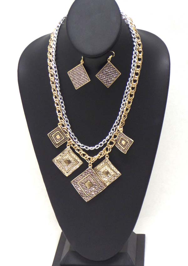 Sequin multi wave metal square and double layer chain necklace earring set