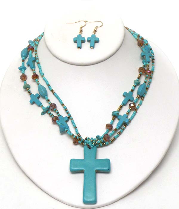 Turquoise cross and seed bead three layer necklace earring set