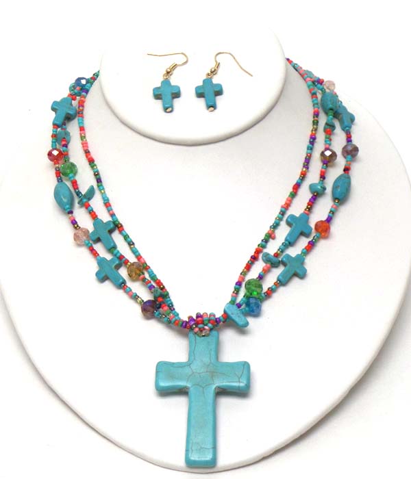 Turquoise cross and seed bead three layer necklace earring set